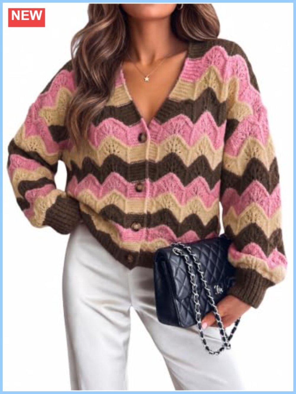 Oversized Chunky Knit Striped Cardigan Button Down V Neck Long Sleeve